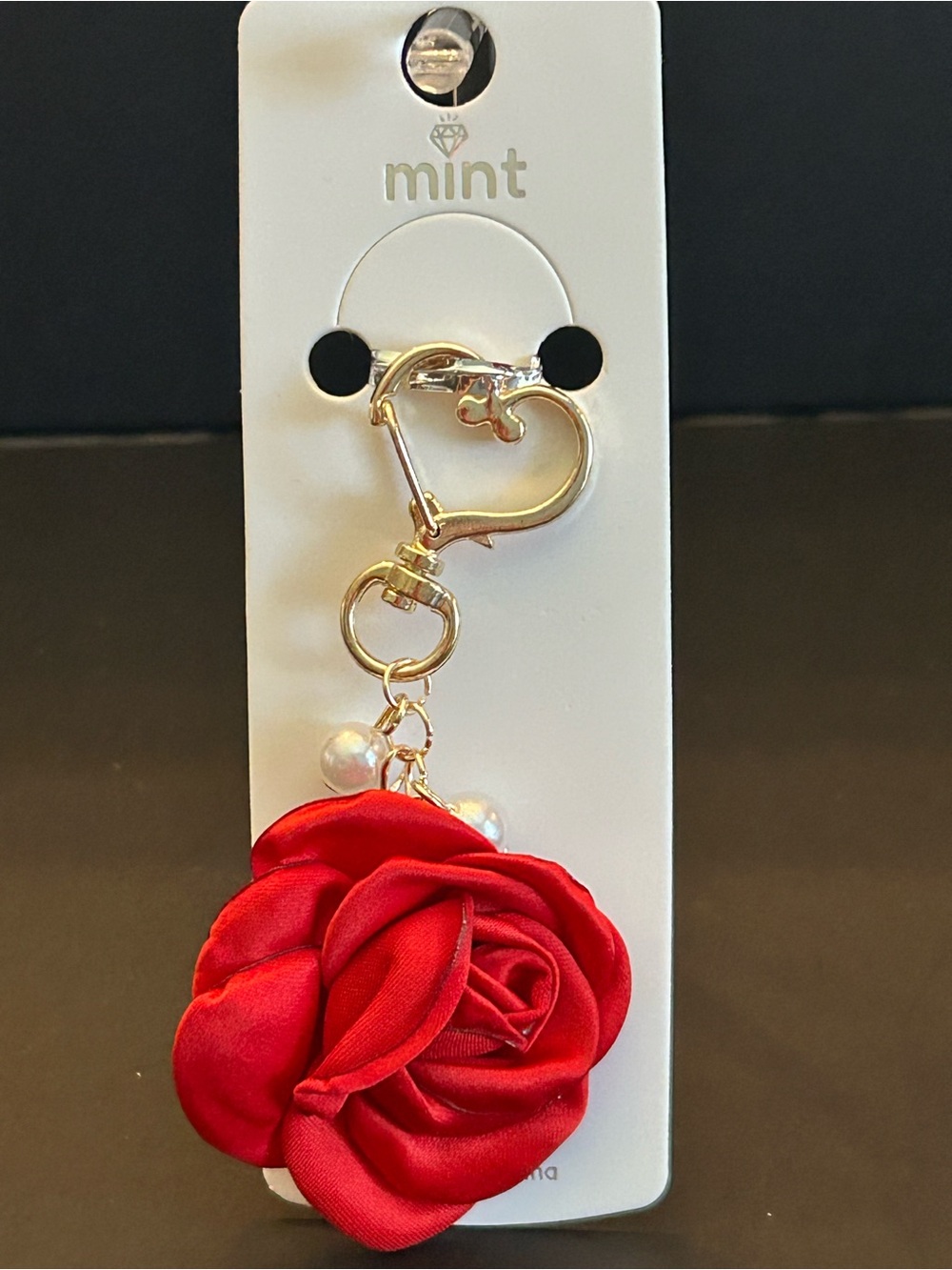 Mint Gold Heart Bag Charm With Fabric Rose Charm, Clear Crystals & Pearls NWT - Picture 4 of 8